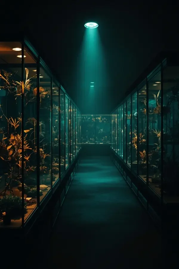 标本馆之夜 - 蜜桃影视 惊悚电影标本馆之夜海报,夜色中昏暗的植物标本陈列厅与冷光